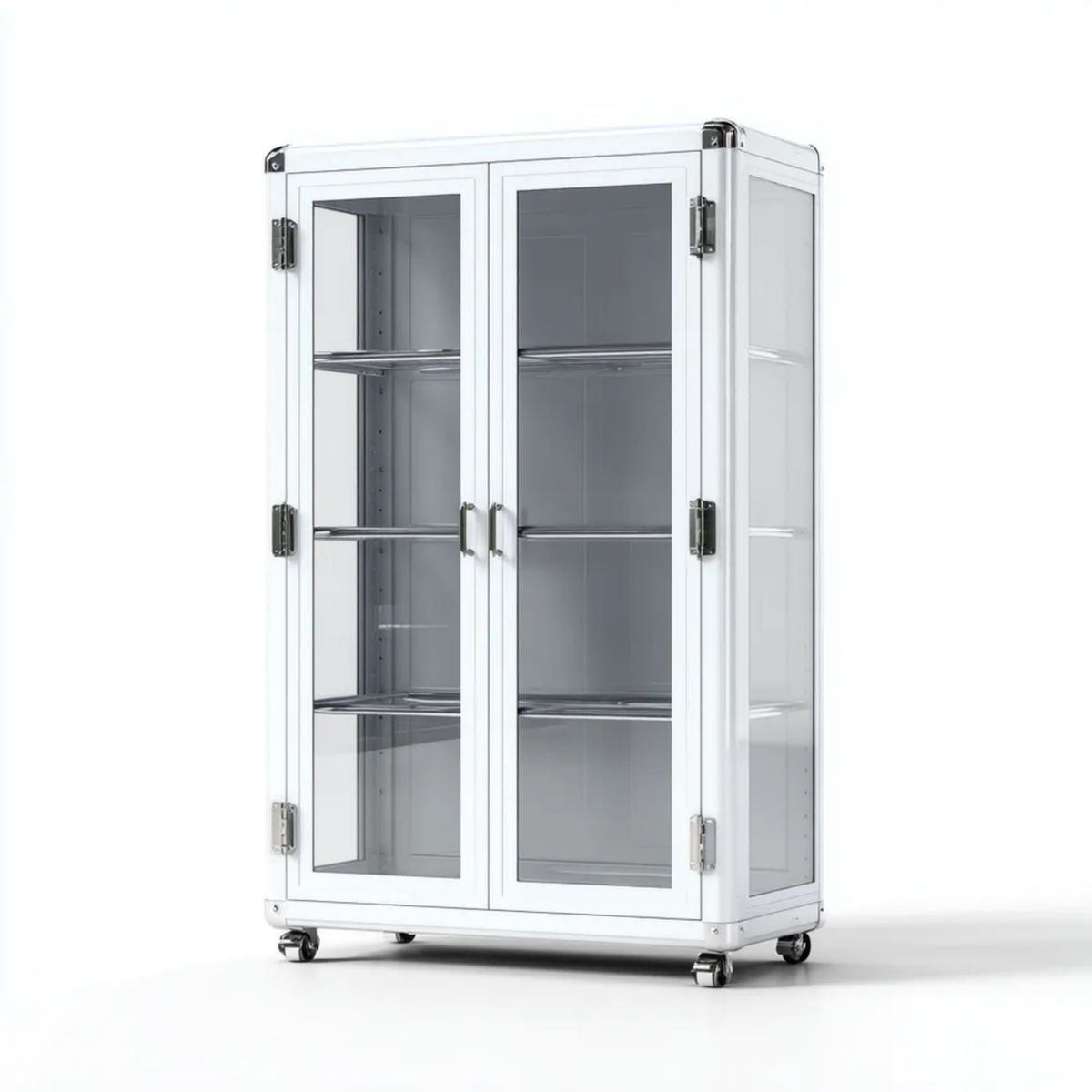 Biała szafa magazynowa na kółkach z aluminium i przezroczystego akrylu, 100 x 60 x 180 cm