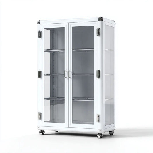 Biała szafa magazynowa na kółkach z aluminium i przezroczystego akrylu, 100 x 60 x 180 cm