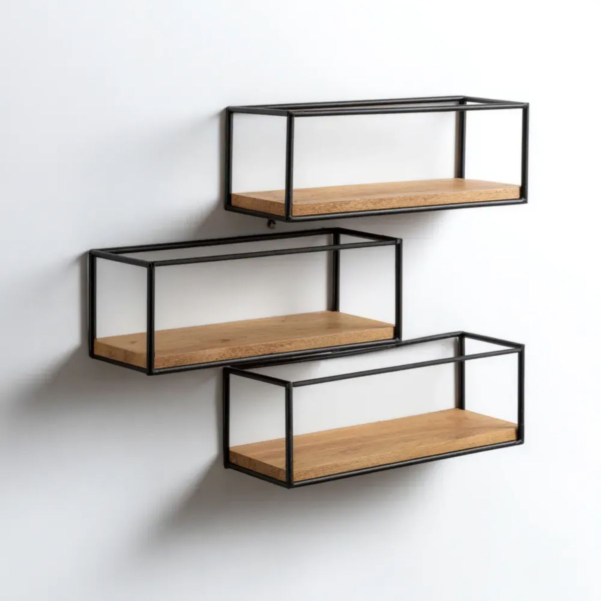 Zestaw 3 prostokątnych półek ściennych z metalu i drewna, czarnych w kolorze naturalnego dębu, 2 × 60 × 20 × 20 cm i 1 × 80 × 20 × 20 cm