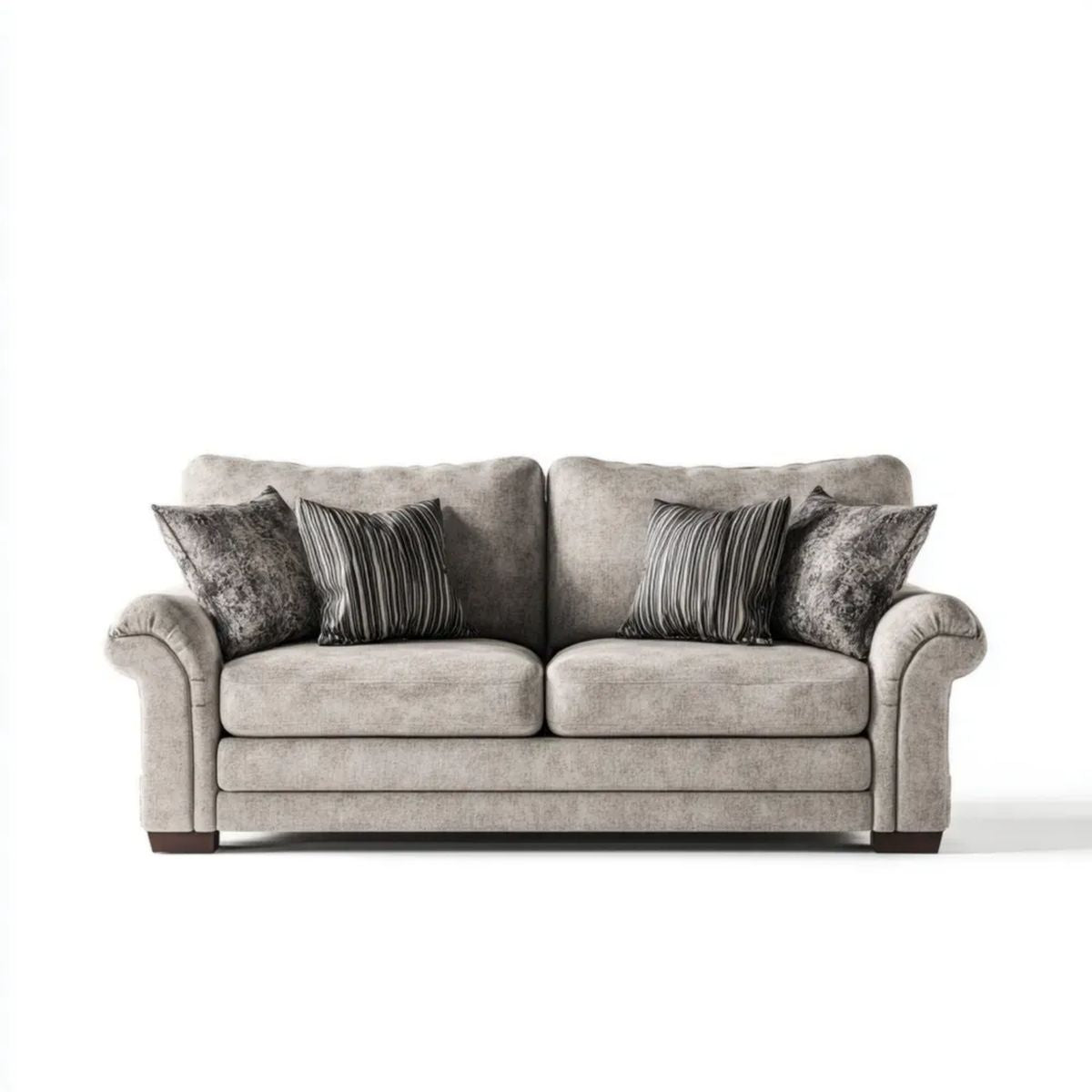 Szara sofa dwuosobowa z poliestru z 4 poduszkami, 180 × 95 × 90 cm