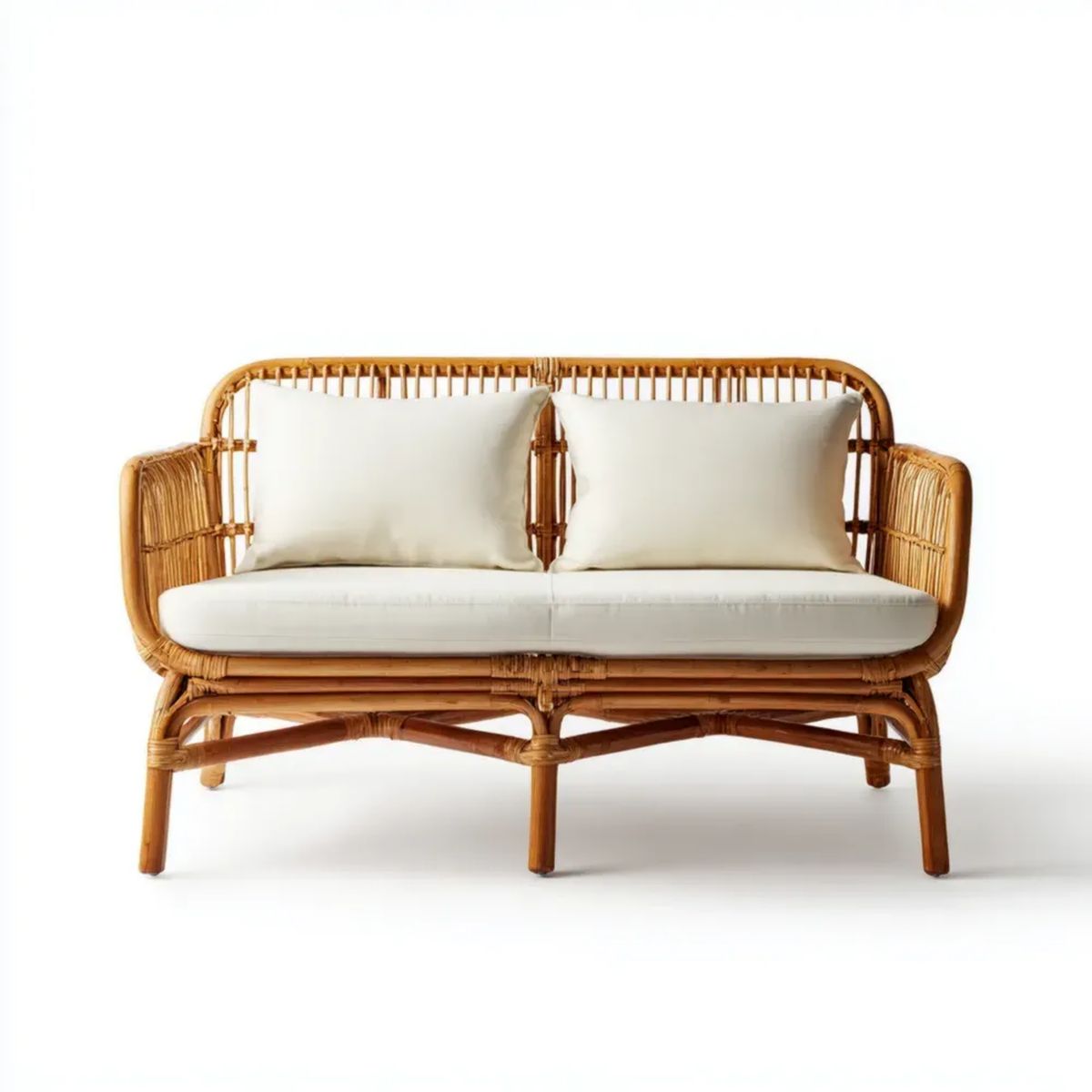 Dwuosobowa sofa ogrodowa rattanowa z beżowymi poduszkami, naturalny brąz, 130 × 75 × 85 cm