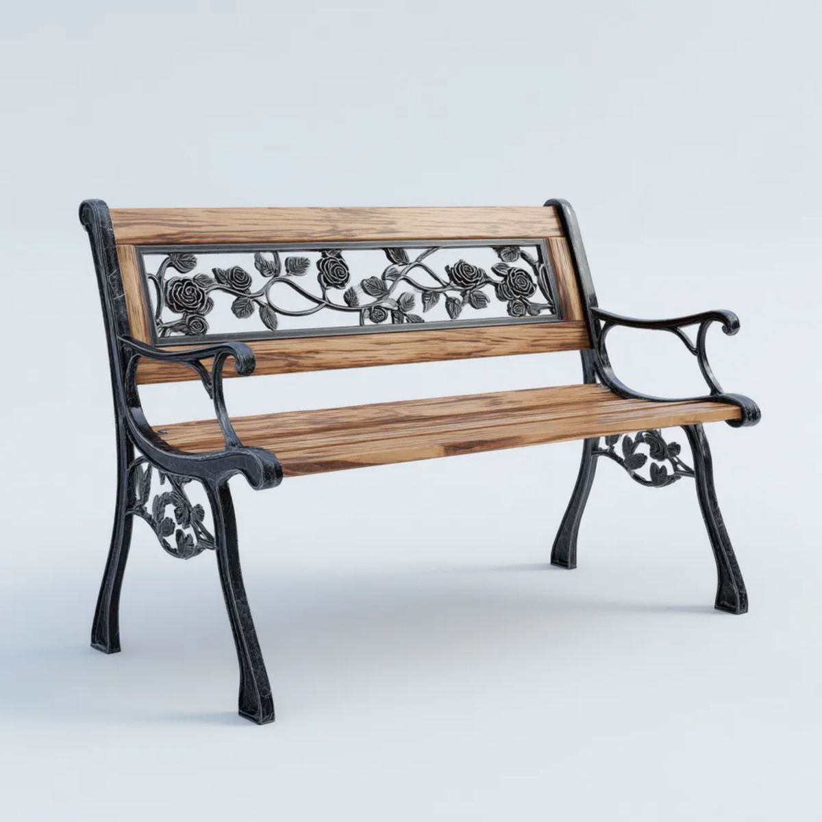 Dwuosobowa ławka ogrodowa z litego drewna i żeliwa brązowo-czarna 125 x 60 x 82 cm