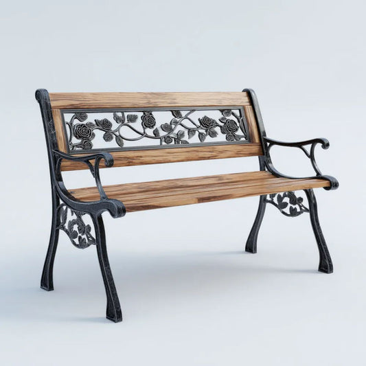 Dwuosobowa ławka ogrodowa z litego drewna i żeliwa brązowo-czarna 125 x 60 x 82 cm