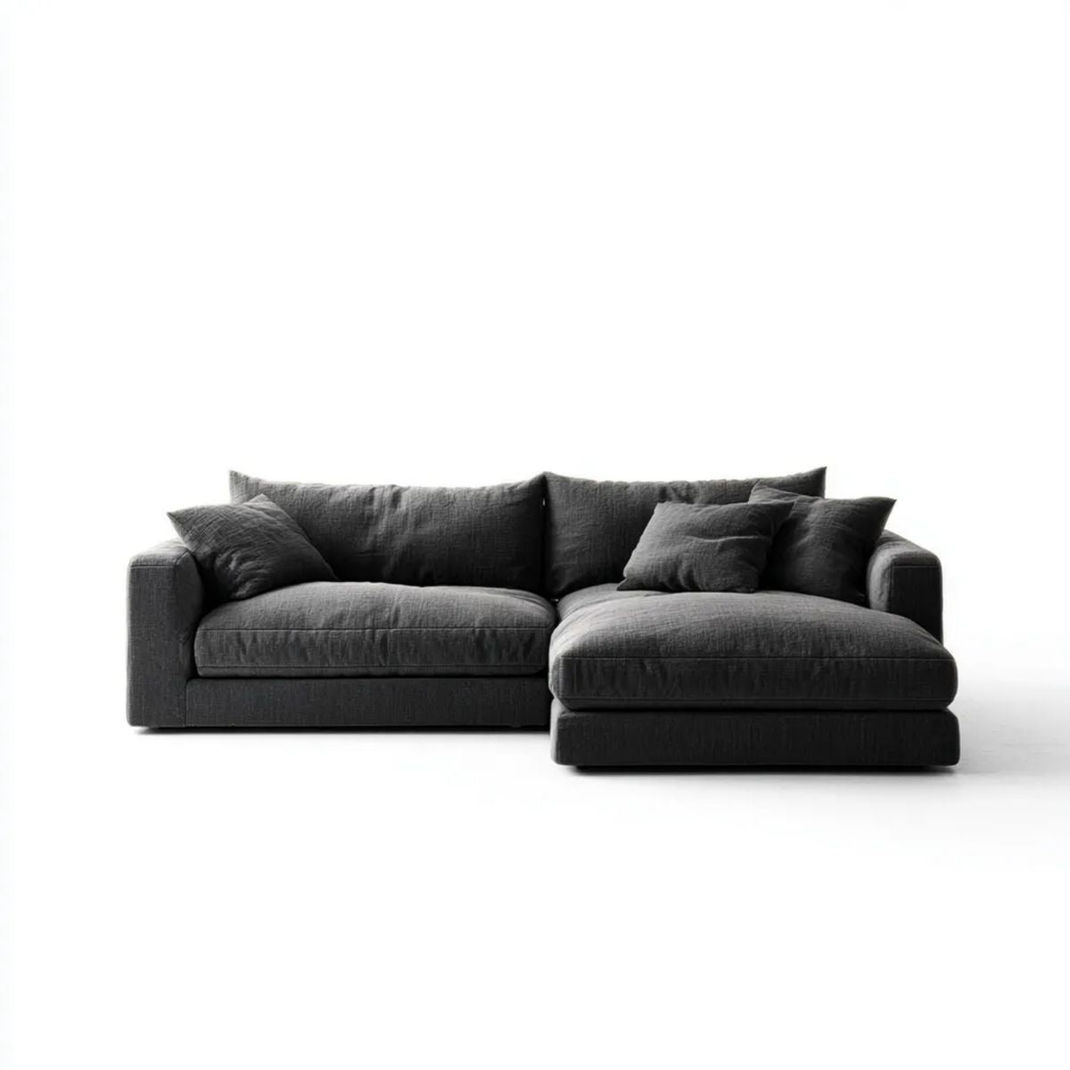 Grafitowa sofa narożna z szezlongiem z tkaniny, prawostronna, 280 × 165 × 85 cm