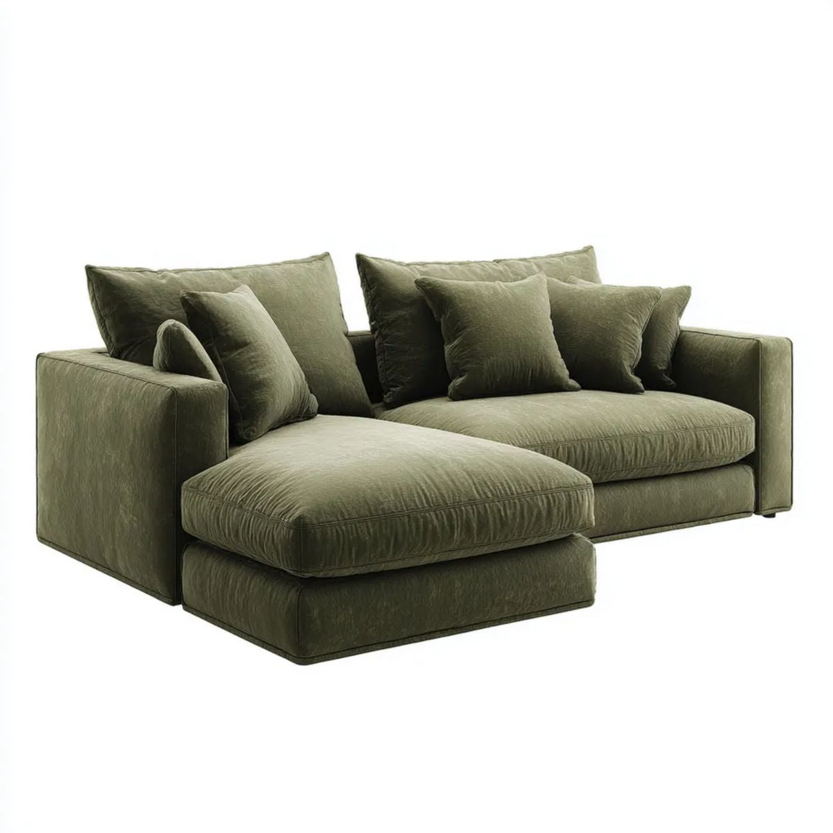 Lewostronna sofa narożna w kształcie L z szezlongiem, oliwkowa, aksamitna, 280 x 165 x 72 cm
