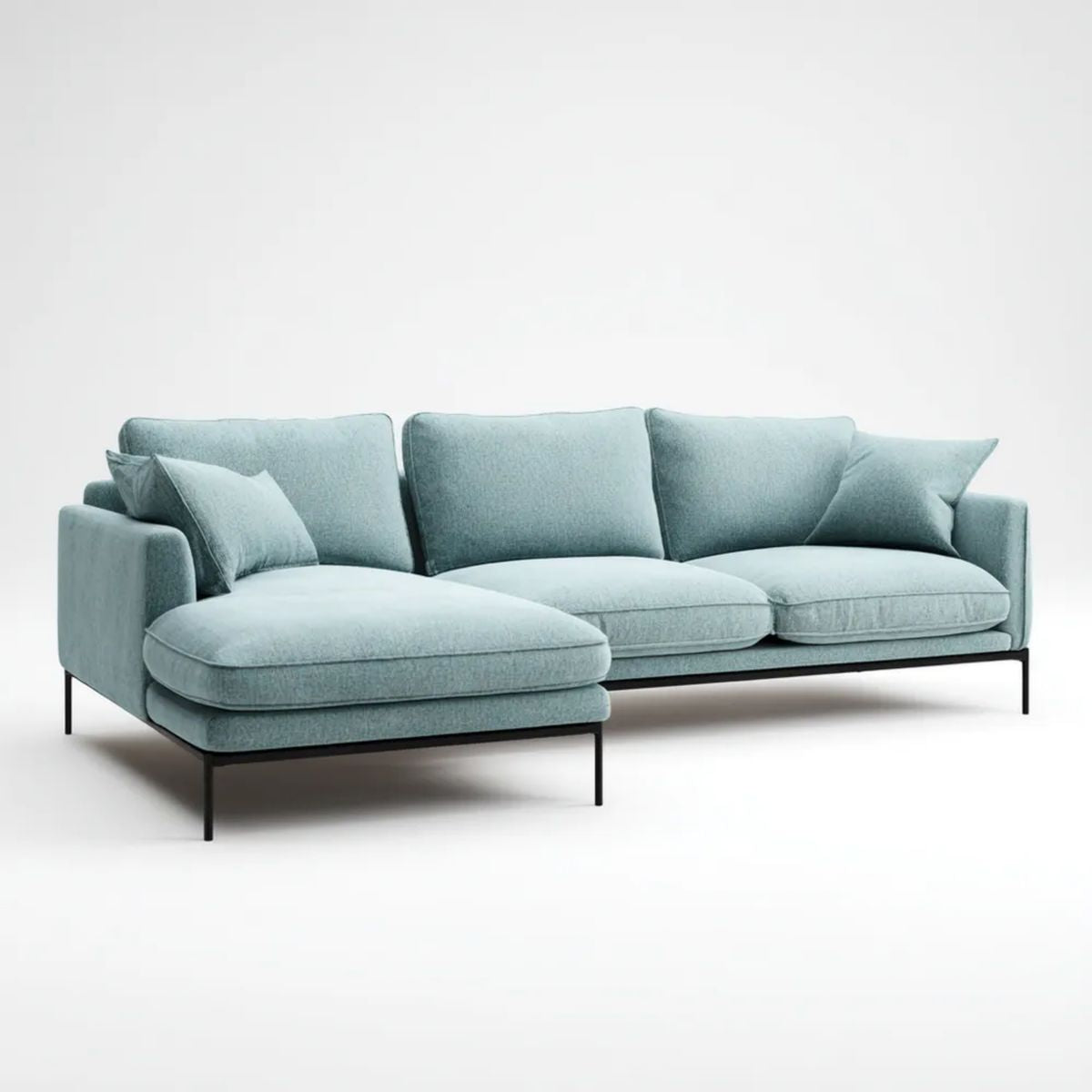 Jasnoniebieska sofa narożna z lewostronną leżanką, tapicerką poliestrową i czarnymi metalowymi nogami, 280 x 160 x 85 cm