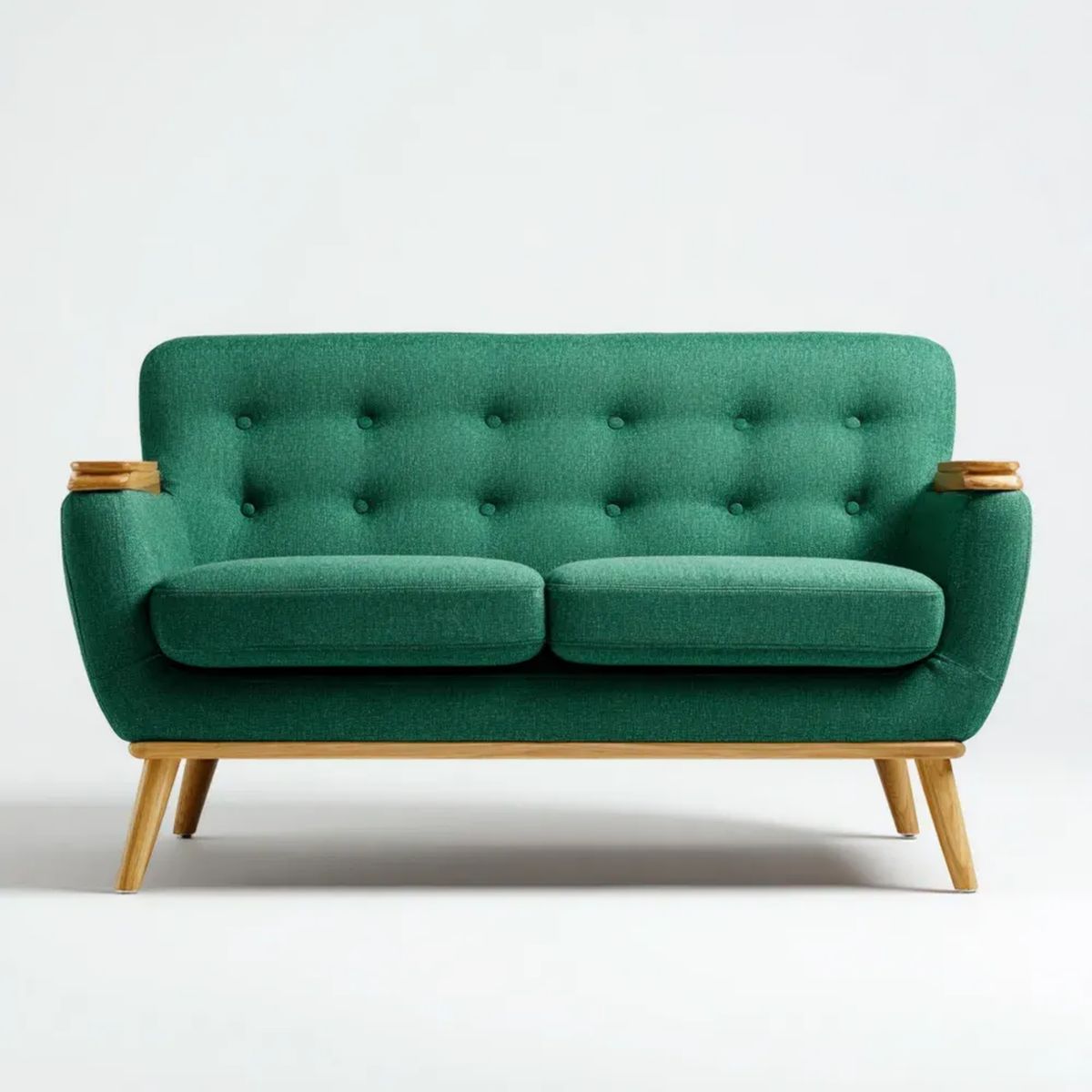 Ciemnozielona sofa dwuosobowa z tapicerką poliestrową i drewnianymi nogami, 136 x 78 x 84 cm