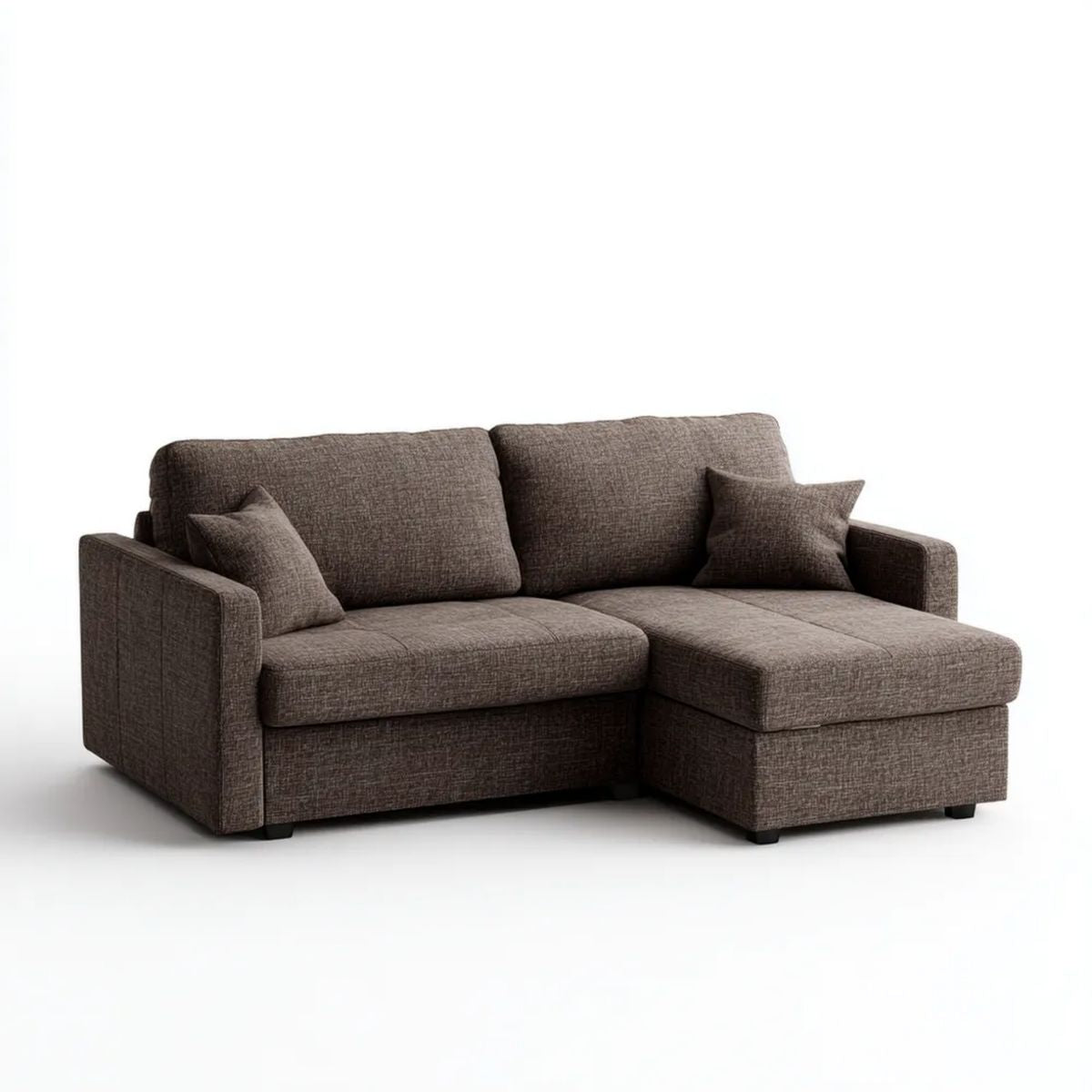 Prawostronna sofa narożna z szezlongiem, brązowa, tapicerowana tkaniną, 230 × 150 × 85 cm