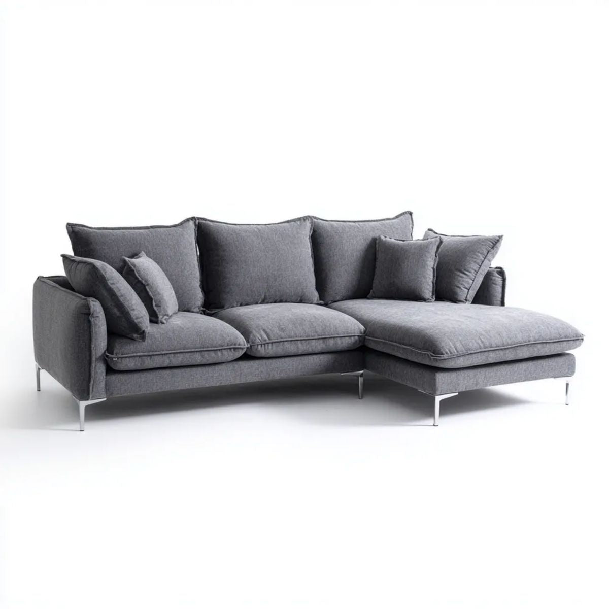 Prawostronna sofa narożna z szezlongiem, szara, tapicerka poliestrowa, 280 × 170 × 85 cm