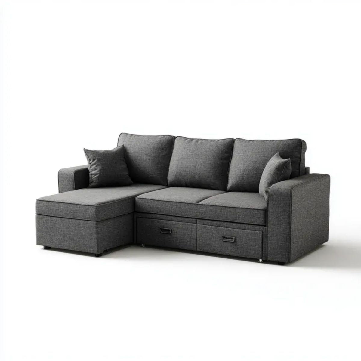Lewostronna sofa narożna z 2 szufladami, poliestrowa, grafitowo-czarna, 230 × 150 × 85 cm