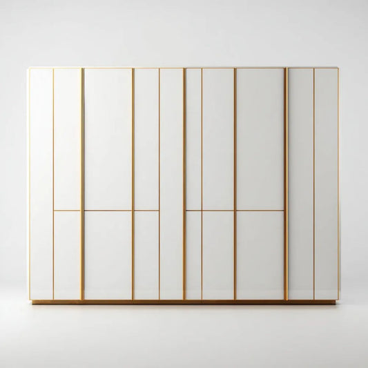Szafa 6-drzwiowa z płyty MDF biała ze złotymi profilami, 300 × 60 × 220 cm