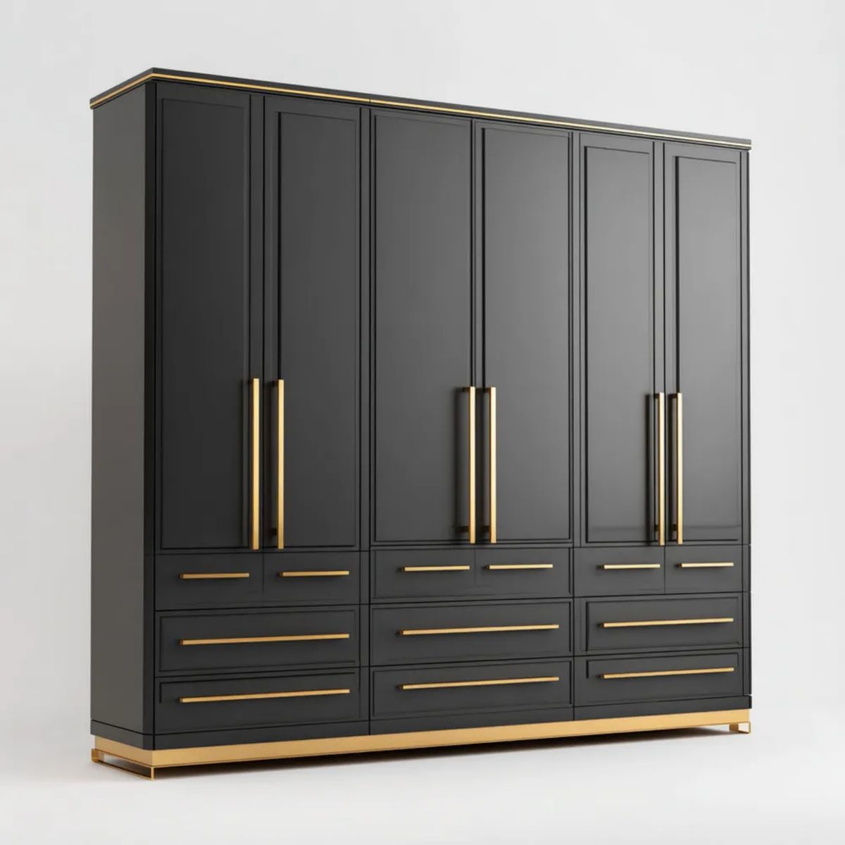 Szafa 6-drzwiowa z 9 szufladami z płyty MDF, czarno-złota, 240 x 60 x 220 cm