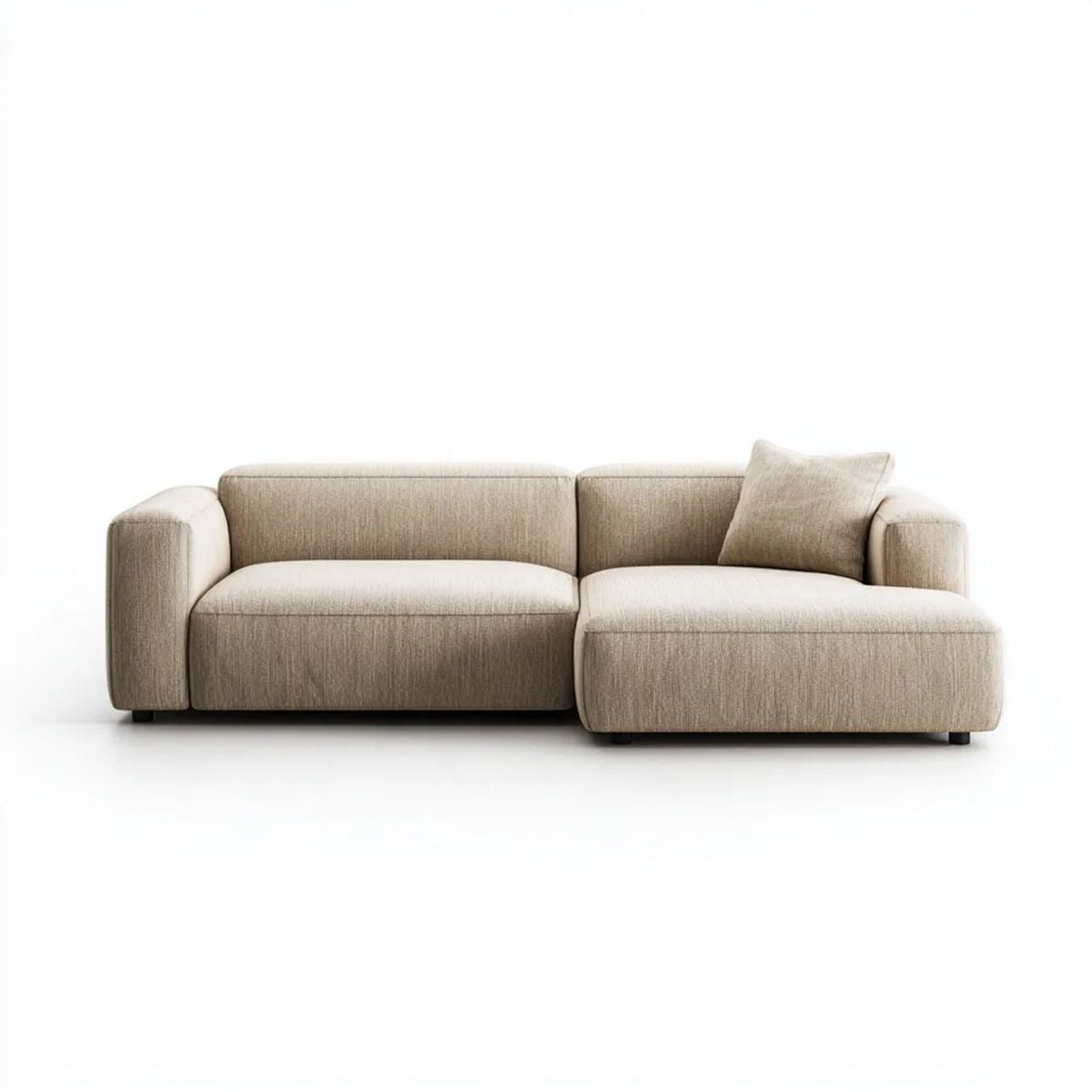 Beżowa sofa narożna z szezlongiem po prawej stronie, tapicerowana poliestrem, 260 × 160 × 82 cm