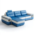 Modułowa sofa narożna 4-osobowa w kształcie L z ekoskóry PU, niebiesko-biała ze srebrnymi detalami, 300 × 200 × 95 cm