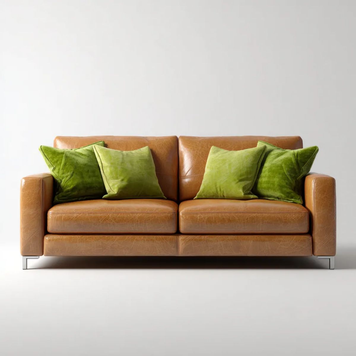 Dwuosobowa sofa z ekoskóry koniakowa 200 × 90 × 85 cm z 4 zielonymi poduszkami