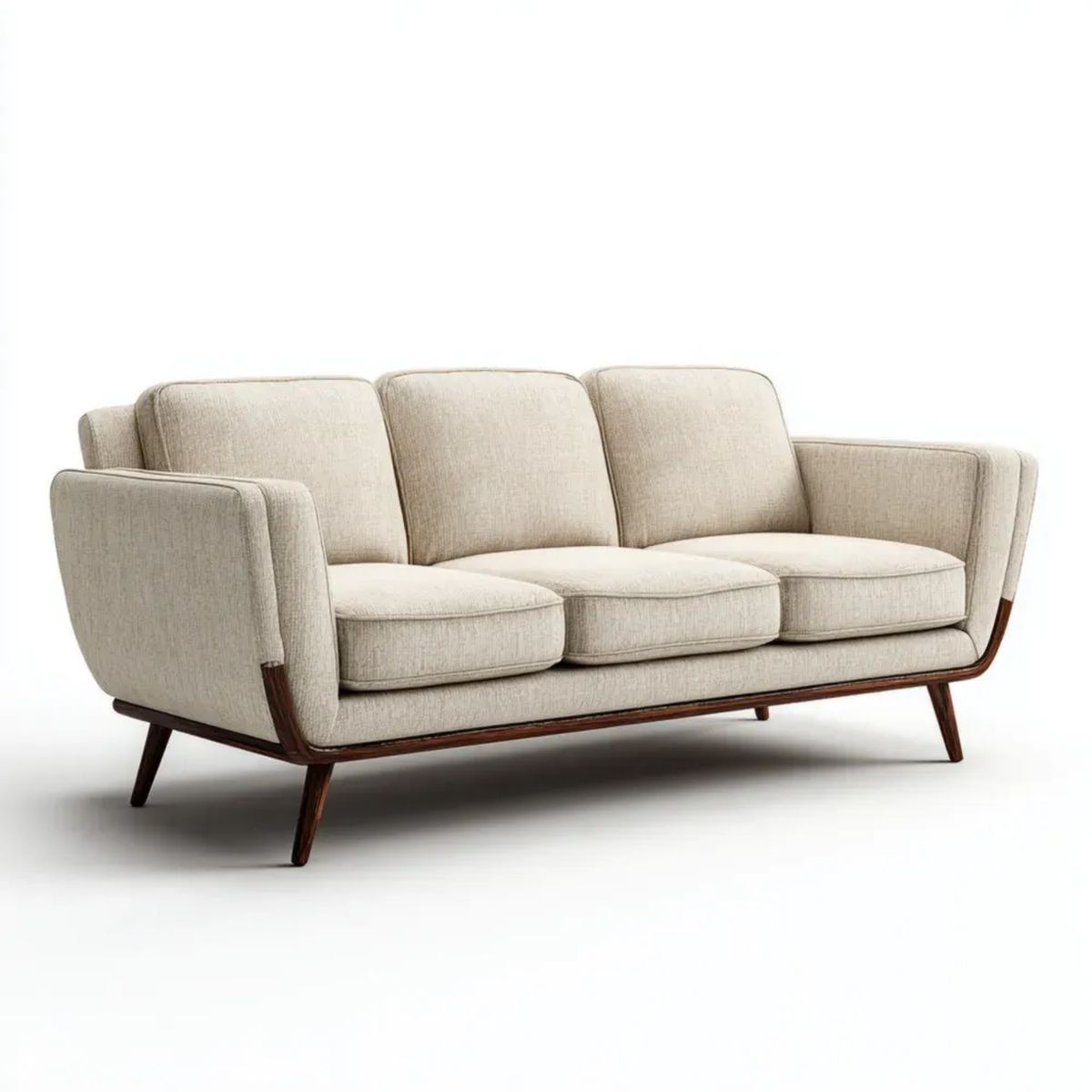 Sofa trzyosobowa beżowo-ciemnobrązowa z tapicerką poliestrową i drewnianą ramą, 220 × 88 × 84 cm