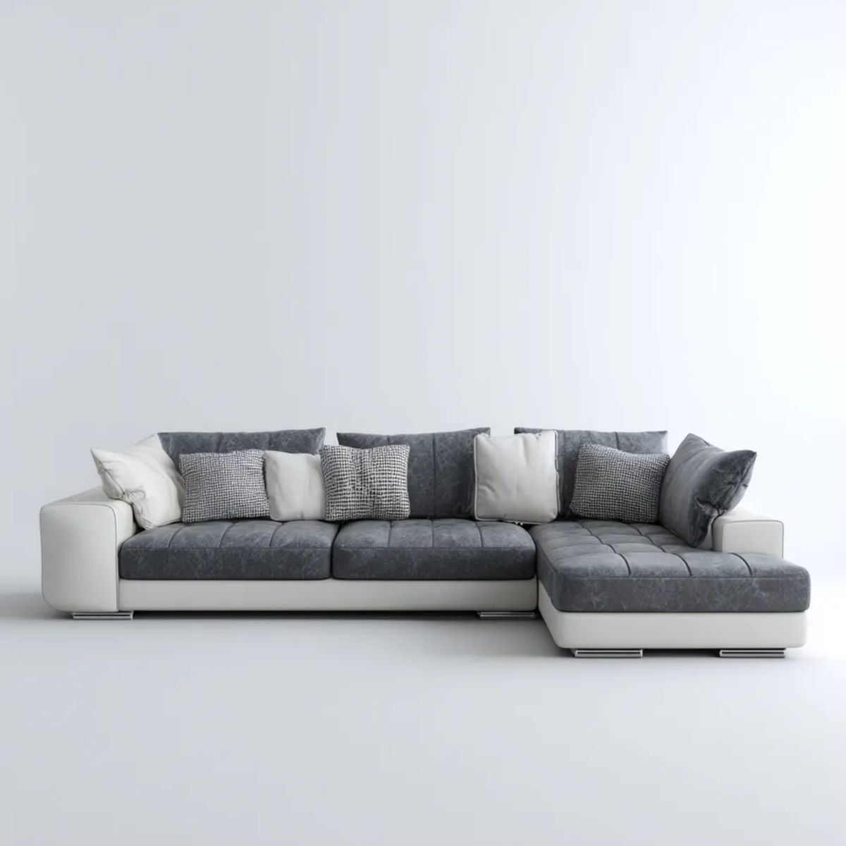 Prawostronna sofa narożna szaro-biała z szezlongiem, tapicerką poliestrową i PU, 300 x 170 x 85 cm