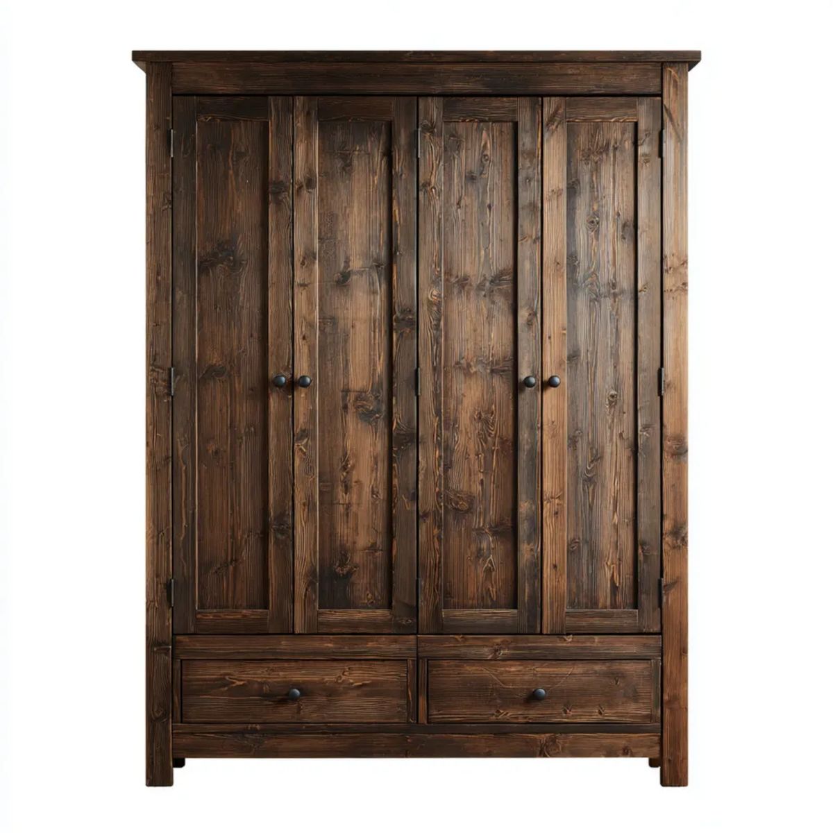 Drewniana szafa rustykalna ciemnobrązowa 120 x 50 x 200 cm, 4 drzwi i 2 szuflady